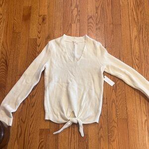 MOTH by Anthropologie Cream V-Neck Sweater with Tie Detail